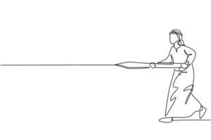 Continuous one line drawing of young Arabian male worker holding sword and ready to hit target. Success business manager minimalist concept. Trendy single line draw design vector graphic illustration