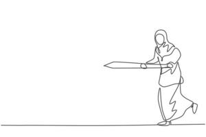 Continuous one line drawing young Arabic female worker running while holding sword to hit goal target. Success business manager minimalist concept. Single line draw design vector graphic illustration