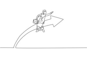 Continuous one line drawing of young Arabic female worker sitting on arrow symbol and flying. Success business manager minimalist concept. Trendy single line draw design vector graphic illustration