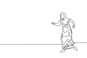 Single one line drawing young Arabian businesswoman walking with confidence go to the office. Business financial growth minimal concept. Modern continuous line draw design graphic vector illustration