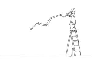 Continuous one line drawing young Arabic female worker climb the ladder to draw sales increase graph. Success business manager minimalist concept. Single line draw design vector graphic illustration