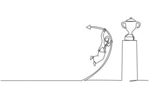 dibujo de línea continua única joven empresaria árabe profesional salto con pértiga para alcanzar el trofeo ganador. minimalismo metáfora concepto dinámico dibujo de una línea diseño gráfico ilustración vectorial vector