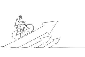 Continuous one line drawing of young Arab businessman ride bicycle to climb arrow up sign. Business financial increase minimalist concept. Trendy single line draw design vector graphic illustration