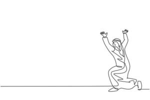 Single continuous line drawing of young Arabian businessman pose kneeling hold gesture, lifting object. Professional worker. Minimalism concept dynamic one line draw graphic design vector illustration