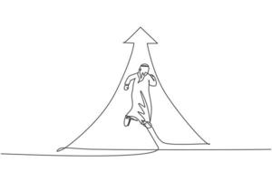 Continuous one line drawing of young Arab businessman running fast toward up arrow symbol. Business financial increase minimalist concept. Trendy single line draw design vector graphic illustration