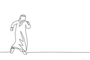 Single one line drawing of young Arabic businessman running fast to reach finish line. Success business growth strategy minimal concept. Modern continuous line draw design graphic vector illustration