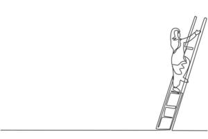 Single one line drawing of young smart Arab business woman climb the ladder up carefully, metaphor. Business growth minimal concept. Modern continuous line draw design graphic vector illustration