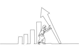 Single one line drawing of young smart Arab business woman erecting the arrow symbol up. Business financial growth minimal concept. Modern continuous line draw design graphic vector illustration