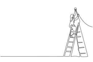 Single one line drawing of young smart Arab business woman climb ladder up to fix the lamp at office. Business growth minimal concept. Modern continuous line draw design graphic vector illustration