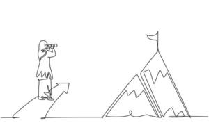 dibujo continuo de una línea joven trabajadora árabe mirando la cima de la montaña desde el símbolo de la flecha hacia arriba. concepto minimalista de administrador de éxito. Ilustración gráfica de vector de diseño de dibujo de línea única de moda