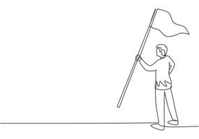 Continuous one line drawing young male worker holding winning flag. Success business manager achieve company target. Metaphor minimalist concept. Single line draw design vector graphic illustration