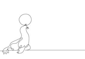 Single continuous line drawing a sea lion playing a stunt with a white ball in its mouth. Sea lions are highly trained in performance. Dynamic one line draw graphic design vector illustration.