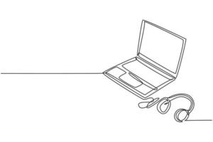 One single line drawing of thin laptop with headphone beside. Electricity home entertainment portable computer tools concept. Dynamic continuous line graphic draw vector design illustration