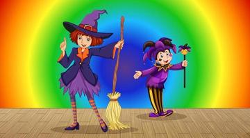 Witch cartoon character on rainbow gradient background vector