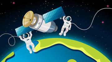Two astronauts and satellite in space scene vector