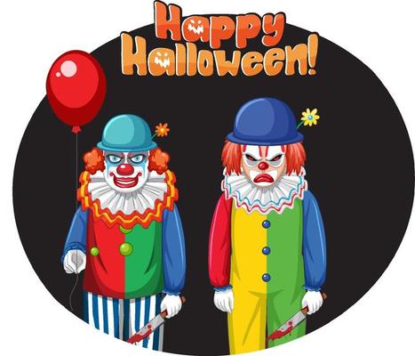 Happy Halloween badge with two creepy clowns