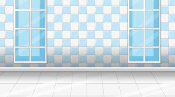 Empty room with white tiles floor and blue checkered wall vector