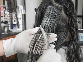 Professional hairdresser coloring hair in the salon photo