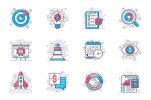 Business planning concept flat line icons set. Successful strategy and startup development. Bundle of target, idea, task, search, calendar, other. Vector conceptual pack outline symbols for mobile app