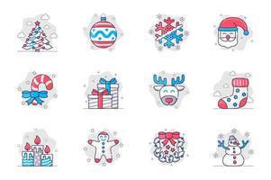 Christmas concept flat line icons set. Happy New Year, festive decor. Bundle of tree, ball, snowflake, santa claus, gift, reindeer, sock, other. Vector conceptual pack outline symbols for mobile app