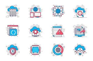 Conjunto de iconos de línea plana de concepto de tecnología de nube. servidores de bases de datos y almacenamiento en la nube. paquete de redes, global, búsqueda, configuración, seguridad, otros. símbolos de esquema de paquete conceptual vectorial para aplicaciones móviles vector