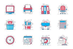 Office supplies concept flat line icons set. Management and workplace organization. Bundle of computer, folder, chair, briefcase, calendar, other. Vector conceptual pack outline symbols for mobile app