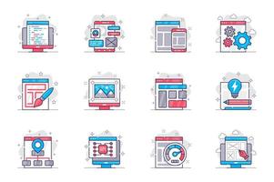 Design and development concept flat line icons set. Website creation and optimization. Bundle of code, layout, settings, structure, api, other. Vector conceptual pack outline symbols for mobile app