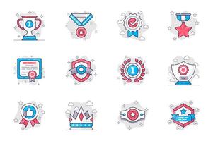 Award concept flat line icons set. Trophies for winner. Bundle of cup, medal, order, star, certificate, crown, belt, prize, ribbon and other. Vector conceptual pack outline symbols for mobile app