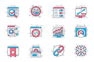 Seo optimization concept flat line icons set. Settings and online website promotion. Bundle of target, link, statistics, growth, speed and other. Vector conceptual pack outline symbols for mobile app