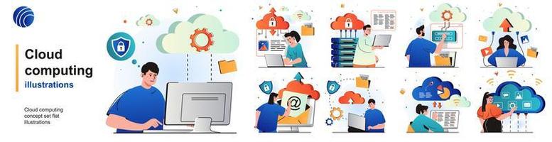 Cloud computing isolated set. Secure connection, storage and cloud technology. People collection of scenes in flat design. Vector illustration for blogging, website, mobile app, promotional materials.