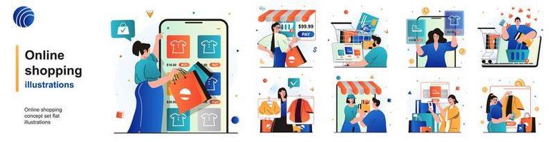 Online shopping isolated set. Customers choose and pay for purchases on site. People collection of scenes in flat design. Vector illustration for blogging, website, mobile app, promotional materials.