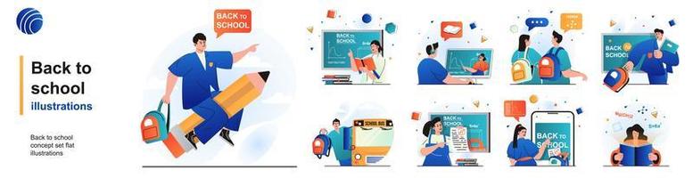 Back to school isolated set. Pupils learning in lessons, college education. People collection of scenes in flat design. Vector illustration for blogging, website, mobile app, promotional materials.