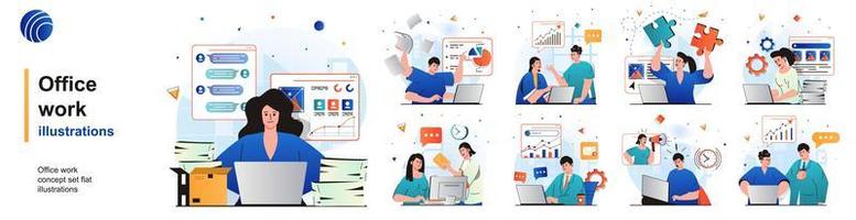 Office work isolated set. Employees analyze data, paperwork, perform tasks. People collection of scenes in flat design. Vector illustration for blogging, website, mobile app, promotional materials.