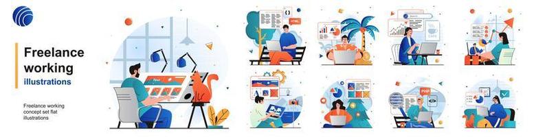 conjunto aislado de trabajo independiente. empleados remotos con laptops en oficinas en casa. colección de personas de escenas en diseño plano. ilustración vectorial para blogs, sitios web, aplicaciones móviles, materiales promocionales. vector