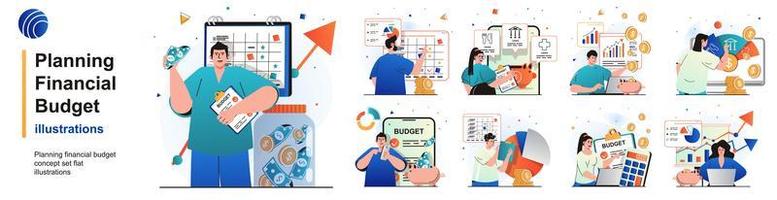 Planning financial budget isolated set. Accounting analysis and savings. People collection of scenes in flat design. Vector illustration for blogging, website, mobile app, promotional materials.