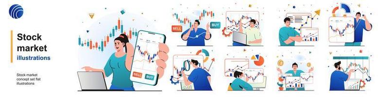 Stock market isolated set. Financial statistics, market research, investments. People collection of scenes in flat design. Vector illustration for blogging, website, mobile app, promotional materials.