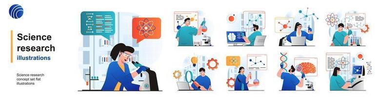 Science research isolated set. Scientists make tests on laboratory equipment. People collection of scenes in flat design. Vector illustration for blogging, website, mobile app, promotional materials.