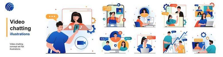 Video chatting isolated set. Online communication using video calling app. People collection of scenes in flat design. Vector illustration for blogging, website, mobile app, promotional materials.