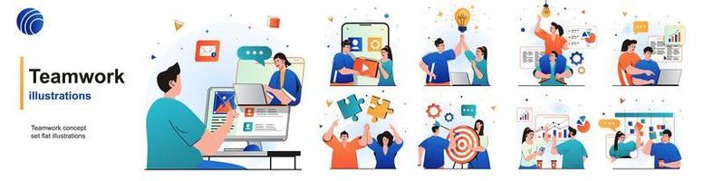 Teamwork isolated set. Colleagues work together, brainstorming, collaboration. People collection of scenes in flat design. Vector illustration for blogging, website, mobile app, promotional materials.