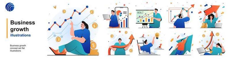 Business growth isolated set. Successful development and financial growth. People collection of scenes in flat design. Vector illustration for blogging, website, mobile app, promotional materials.