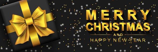 Merry Christmas 2022 and Happy New Year banner. Dark background with golden text, gift box and glowing glitter. Xmas holiday poster. Vector illustration with realistic elements for header website