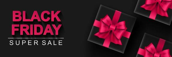 Black Friday super sale banner. Black gift box with pink bows dark background. Big seasonal sale discount prices horizontal poster. Vector illustration with realistic elements for header website