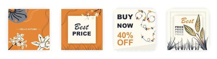 Modern autumn square sale poster templates with floral and geometric pattern. Suitable for social media posts, poster, mobile apps, banners design and web ads, vector backgrounds, promotion materials.