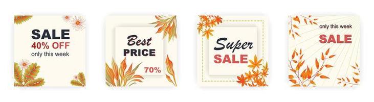 Modern autumn square sale poster templates with floral and geometric pattern. Suitable for social media posts, poster, mobile apps, banners design and web ads, vector backgrounds, promotion materials.