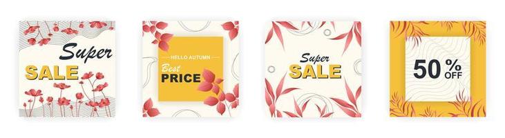 Modern autumn square sale poster templates with floral and geometric pattern. Suitable for social media posts, poster, mobile apps, banners design and web ads, vector backgrounds, promotion materials.