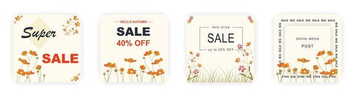 Modern autumn square sale poster templates with floral and geometric pattern. Suitable for social media posts, poster, mobile apps, banners design and web ads, vector backgrounds, promotion materials.