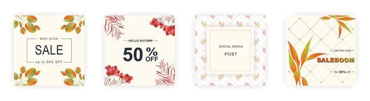 Modern autumn square sale poster templates with floral and geometric pattern. Suitable for social media posts, poster, mobile apps, banners design and web ads, vector backgrounds, promotion materials.