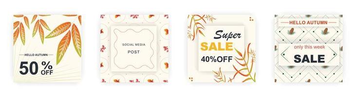 Modern autumn square sale poster templates with floral and geometric pattern. Suitable for social media posts, poster, mobile apps, banners design and web ads, vector backgrounds, promotion materials.