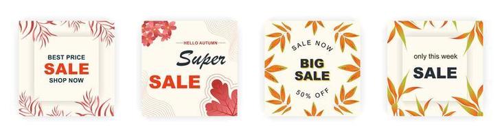 Modern autumn square sale poster templates with floral and geometric pattern. Suitable for social media posts, poster, mobile apps, banners design and web ads, vector backgrounds, promotion materials.