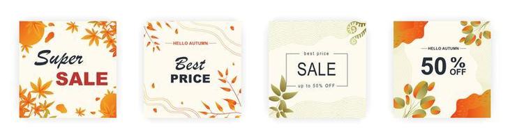 Modern autumn square sale poster templates with floral and geometric pattern. Suitable for social media posts, poster, mobile apps, banners design and web ads, vector backgrounds, promotion materials.